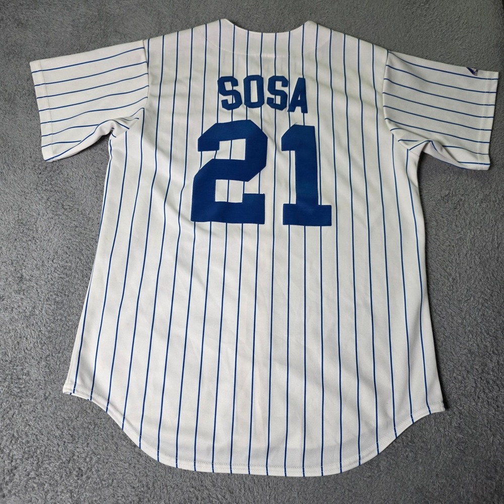 Majestic Mens Medium Chicago Cubs Baseball Jersey White Sosa 21 Pinstripe MLB